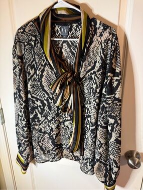 Worthington 2X Snake Print Tie Neck Blouse NWT Black Cream Olive Career Top